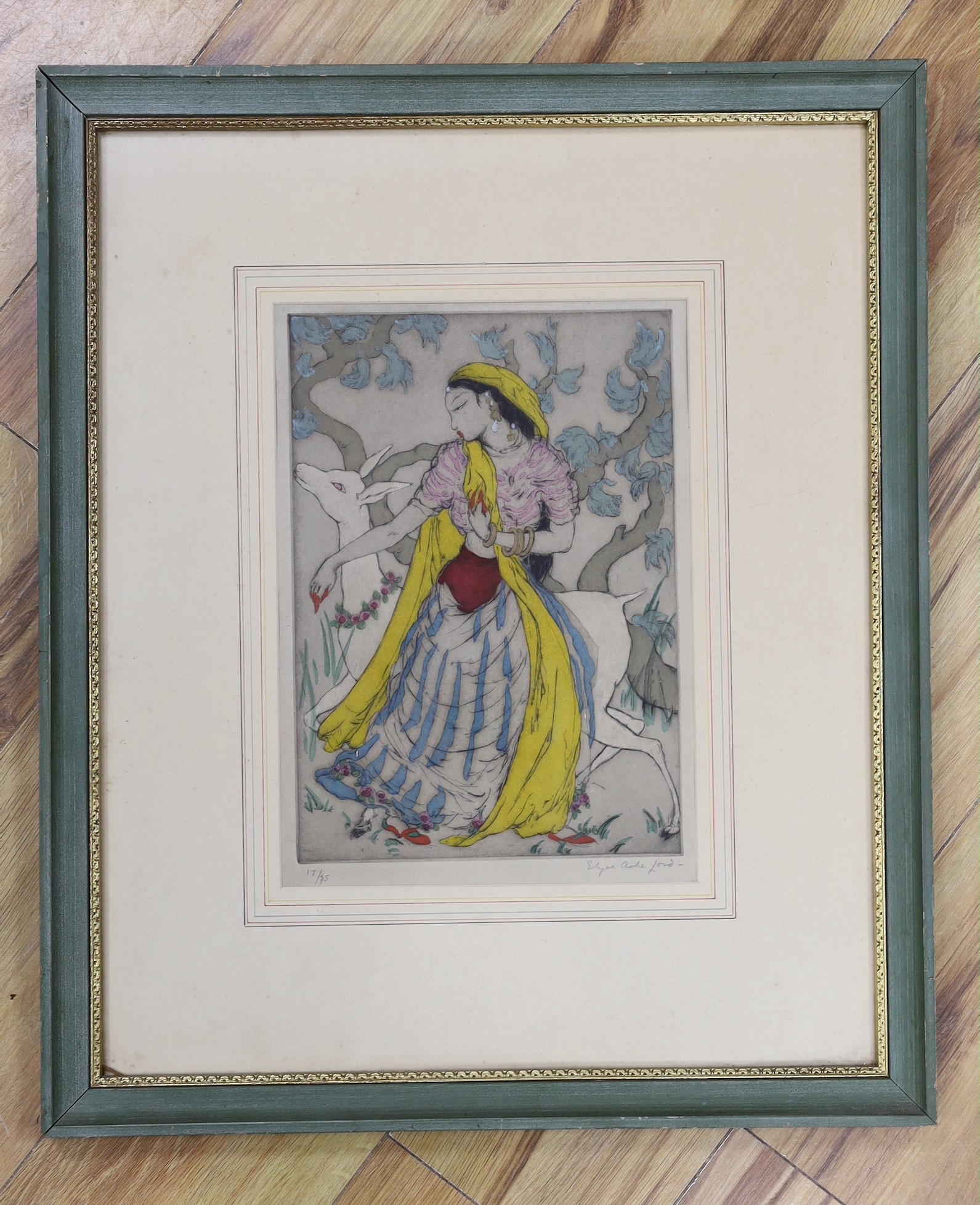 Elyse Ashe Lord, (1900-1971), drypoint etching, Indian woman with white deer, signed in pencil, 17/75, 32 x 22.5cm
